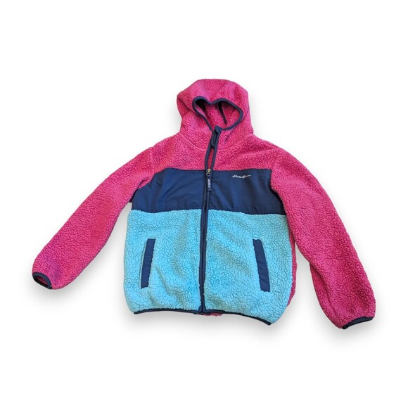 Eddie Bauer Jacket Pink Blue Colorblock Fleece Full Zip Hoodie Girls M 10-12 - Picture 1 of 8